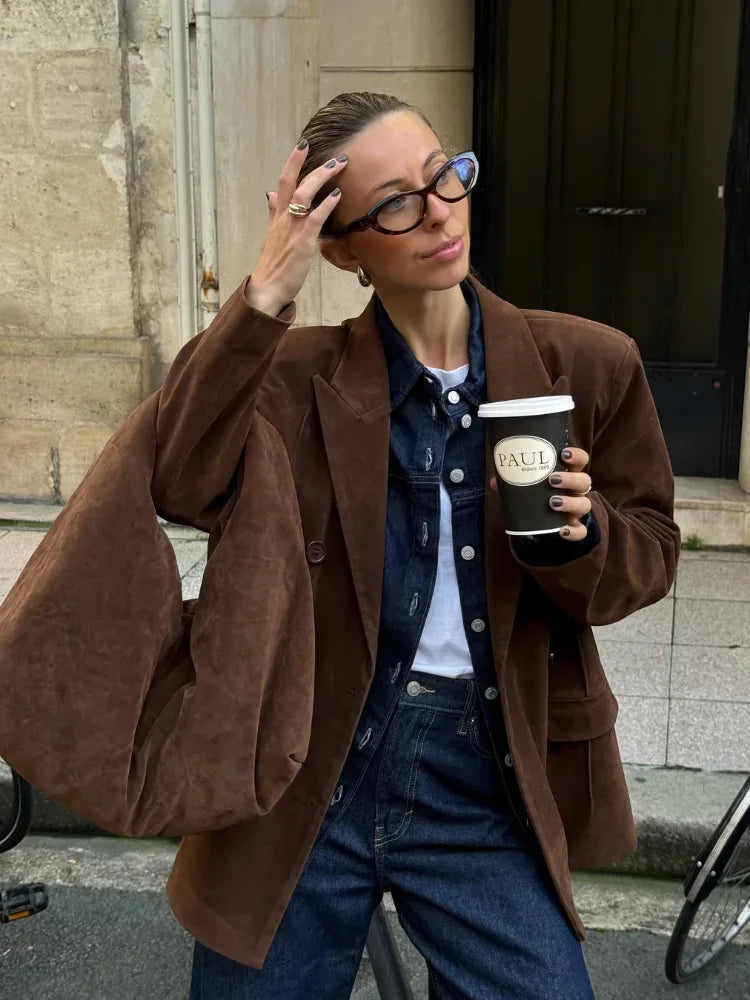 Damen-Mantel aus Wildleder, braun, modisch, einreihig, langärmelig, Reverskragen, Oberbekleidung, locker, elegant, Herbst 2025, Pendelmäntel