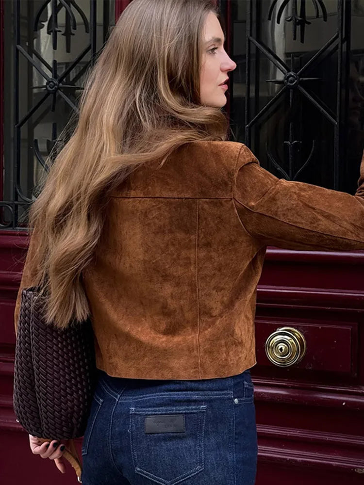 Solide Leder Frauen Mantel Volle Hülse Revers Dame Jacke 2025, Mode Alle Spiel Vintage Braun Wildleder Reißverschlüsse Weibliche Outwears