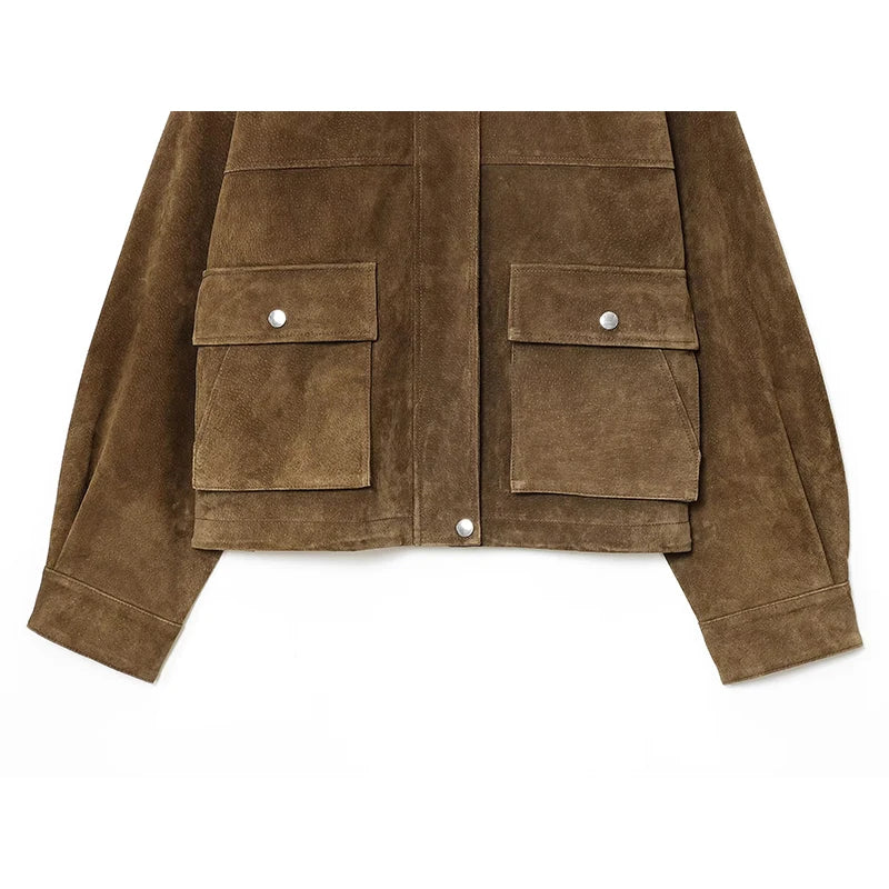 YENKYE Women Front Patch Pockets Faux Leather Bomber Jacket Long Sleeve Zipper Autumn Winter Coat 2025 Loose Outerwear