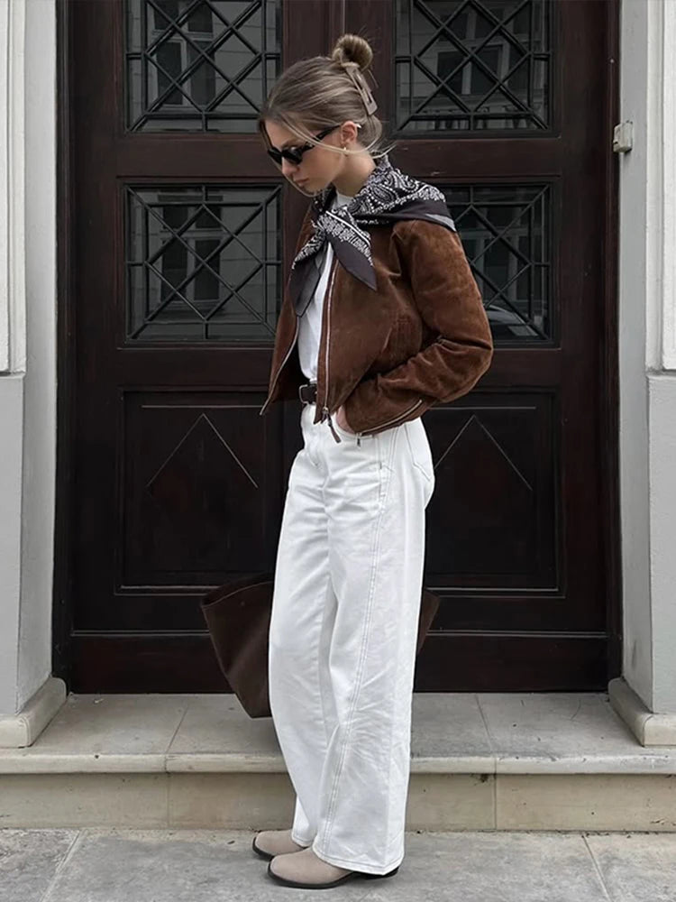 Solide Leder Frauen Mantel Volle Hülse Revers Dame Jacke 2025, Mode Alle Spiel Vintage Braun Wildleder Reißverschlüsse Weibliche Outwears