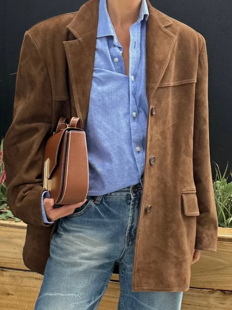 Damen-Mantel aus Wildleder, braun, modisch, einreihig, langärmelig, Reverskragen, Oberbekleidung, locker, elegant, Herbst 2025, Pendelmäntel