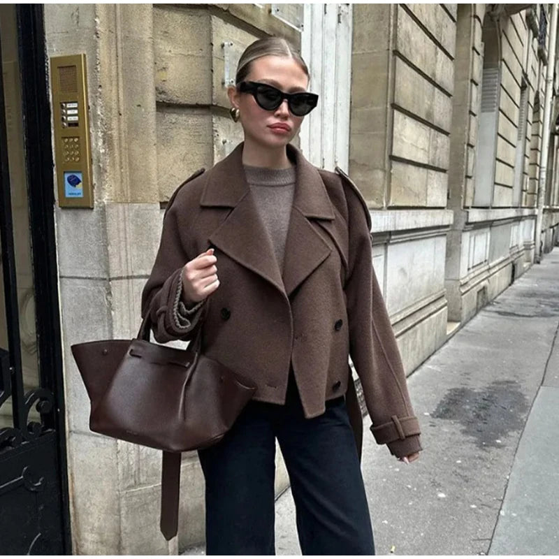 Eleganter Damen-Wollmantel mit Gürtel, Straßenrevers, zweireihig, volle Ärmel, langer Mantel, 2024, Herbst, Dame, lose Oberbekleidung, Neu