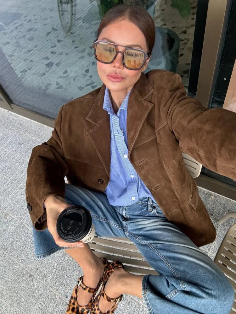 Damen-Mantel aus Wildleder, braun, modisch, einreihig, langärmelig, Reverskragen, Oberbekleidung, locker, elegant, Herbst 2025, Pendelmäntel