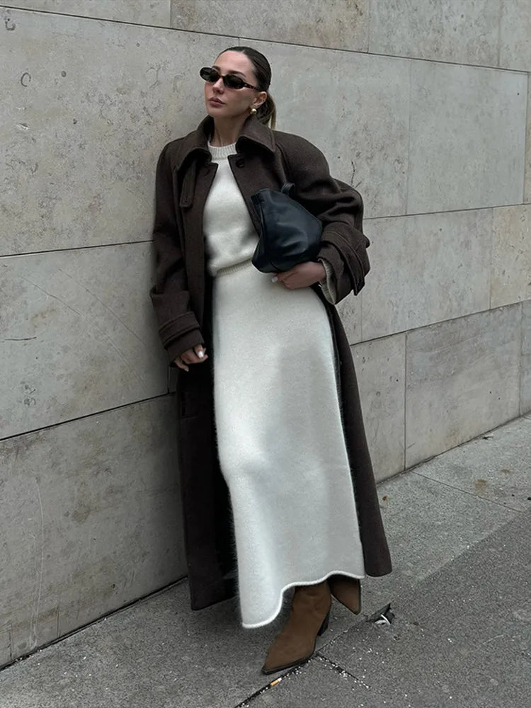 Straße frauen Lange Woll Mantel Mit Gürtel Stehkragen Einreiher Volle Hülse Mäntel 2025, Herbst Winter Dame Outwear neue