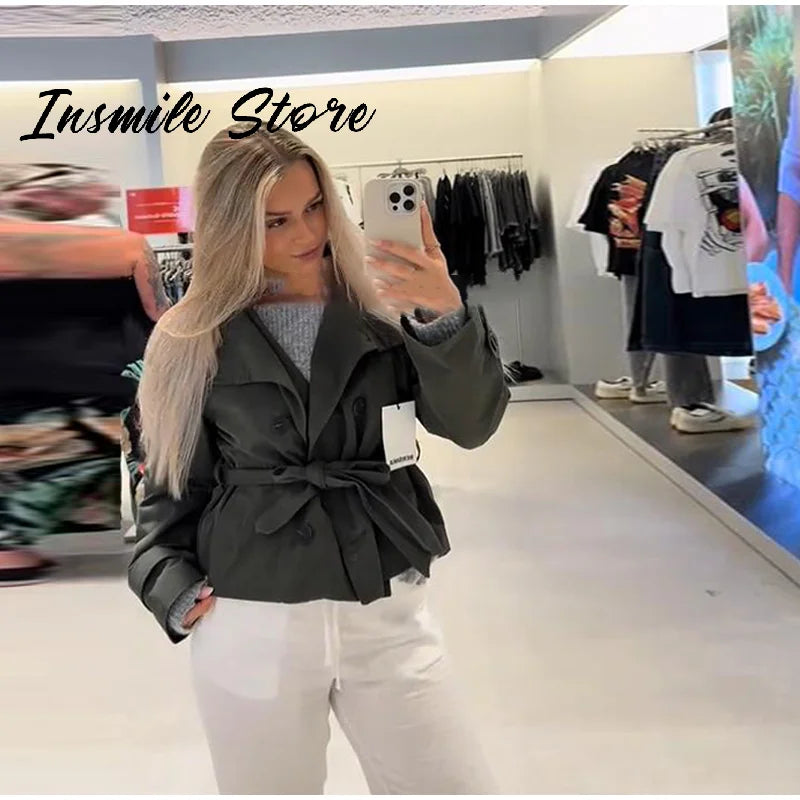 Mode Gürtel Kurzen Graben Mantel Frauen Stehen Kragen Zweireiher Tasche Langarm Mäntel 2025, Herbst Dame Pendeln Chic outwear