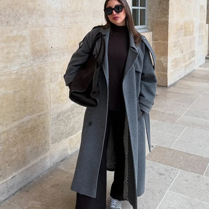 Eleganter Damen-Wollmantel mit Gürtel, Straßenrevers, zweireihig, volle Ärmel, langer Mantel, 2024, Herbst, Dame, lose Oberbekleidung, Neu