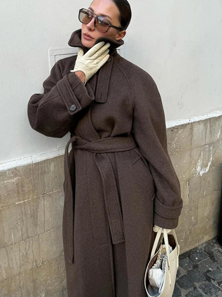 Straße frauen Lange Woll Mantel Mit Gürtel Stehkragen Einreiher Volle Hülse Mäntel 2025, Herbst Winter Dame Outwear neue