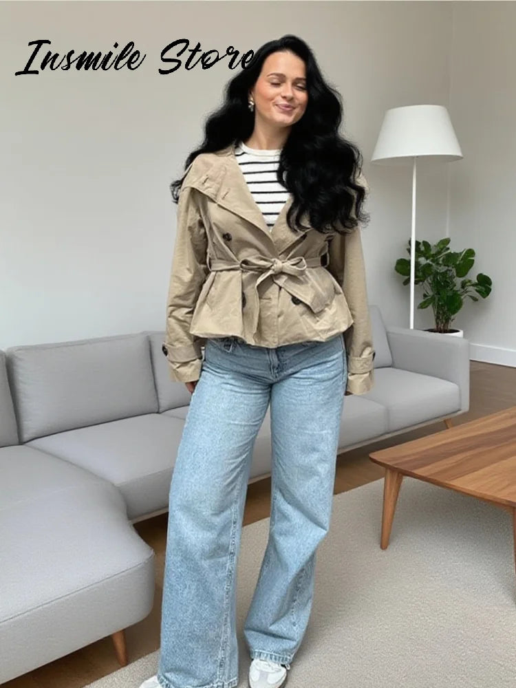 Mode Gürtel Kurzen Graben Mantel Frauen Stehen Kragen Zweireiher Tasche Langarm Mäntel 2025, Herbst Dame Pendeln Chic outwear