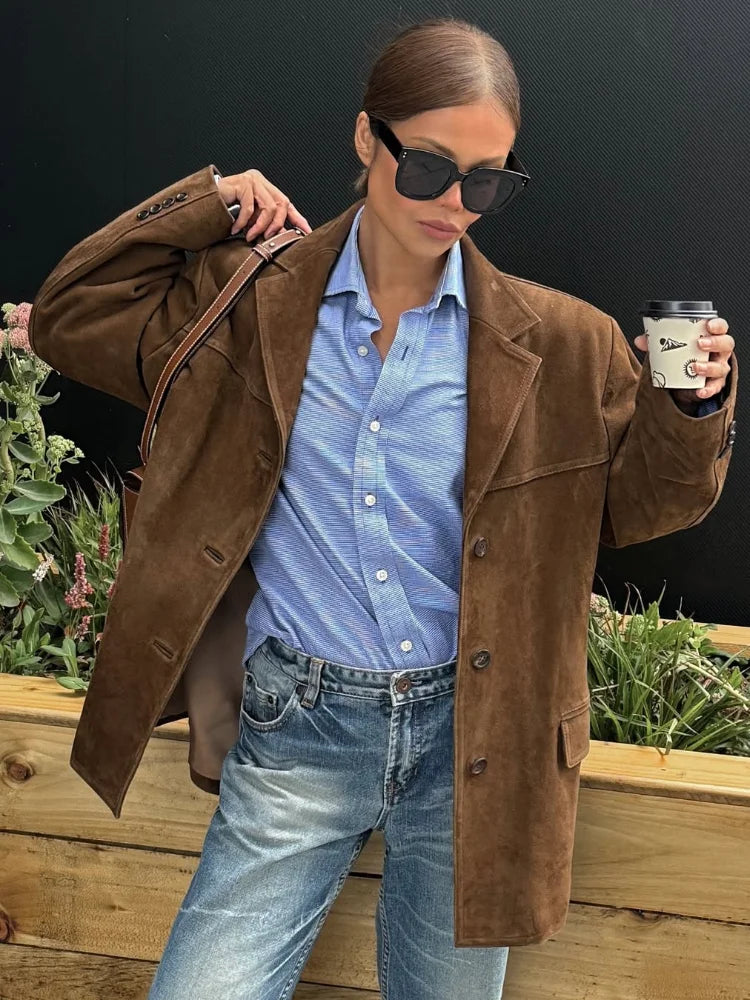 Damen-Mantel aus Wildleder, braun, modisch, einreihig, langärmelig, Reverskragen, Oberbekleidung, locker, elegant, Herbst 2025, Pendelmäntel