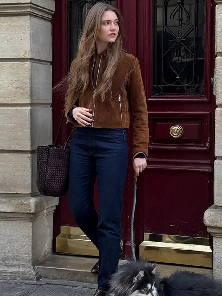 Solide Leder Frauen Mantel Volle Hülse Revers Dame Jacke 2025, Mode Alle Spiel Vintage Braun Wildleder Reißverschlüsse Weibliche Outwears