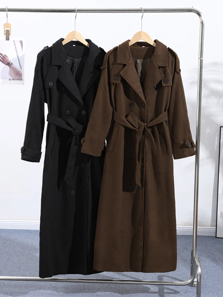 Mode Lange Woolen Mäntel Frauen Elegante Zweireiher Revers Volle Ärmel Jacken 2025, Herbst Winter Verdicken Warme Outwears Dame