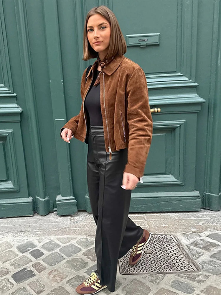 Solide Leder Frauen Mantel Volle Hülse Revers Dame Jacke 2025, Mode Alle Spiel Vintage Braun Wildleder Reißverschlüsse Weibliche Outwears