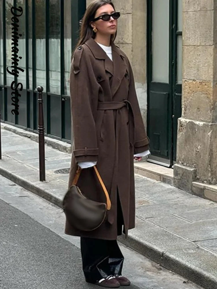 Eleganter Damen-Wollmantel mit Gürtel, Straßenrevers, zweireihig, volle Ärmel, langer Mantel, 2024, Herbst, Dame, lose Oberbekleidung, Neu