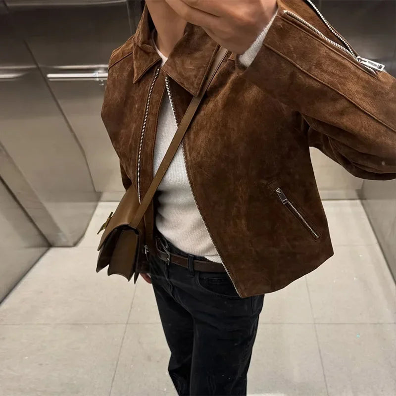 Solide Leder Frauen Mantel Volle Hülse Revers Dame Jacke 2025, Mode Alle Spiel Vintage Braun Wildleder Reißverschlüsse Weibliche Outwears