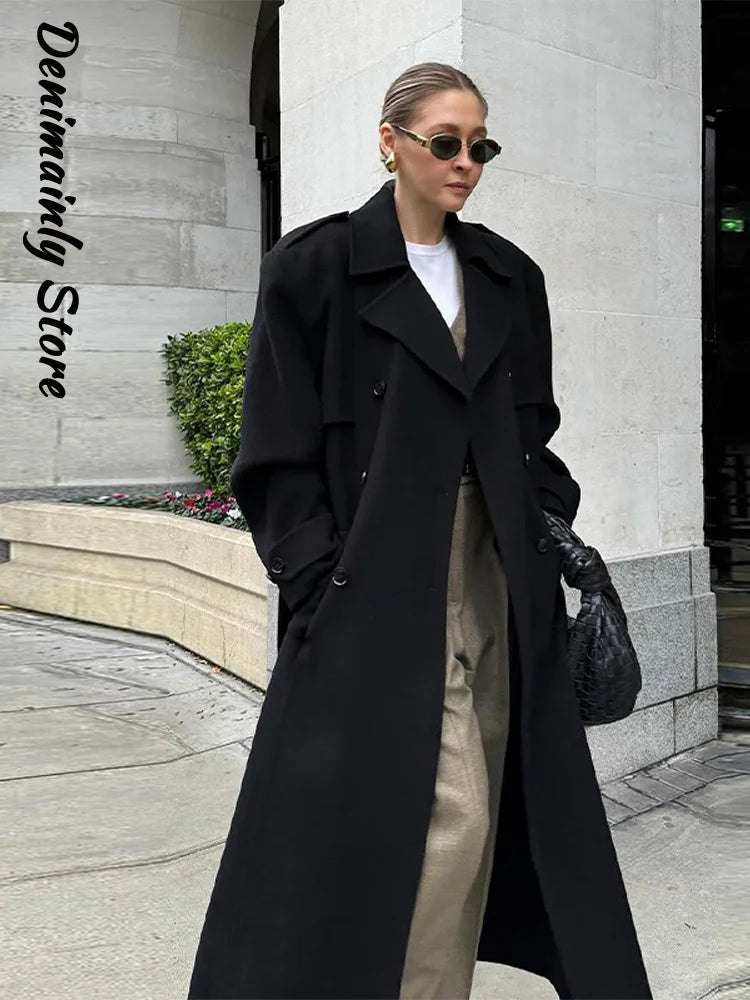 Eleganter Damen-Wollmantel mit Gürtel, Straßenrevers, zweireihig, volle Ärmel, langer Mantel, 2024, Herbst, Dame, lose Oberbekleidung, Neu