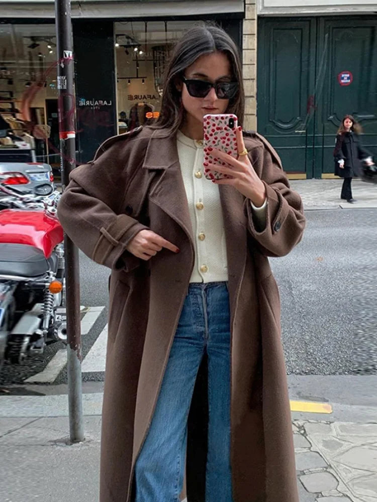 Mode Lange Woolen Mäntel Frauen Elegante Zweireiher Revers Volle Ärmel Jacken 2025, Herbst Winter Verdicken Warme Outwears Dame