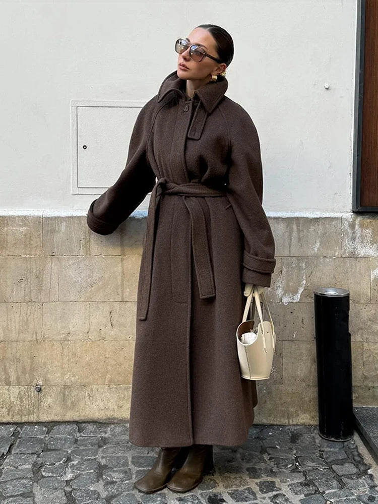 Straße frauen Lange Woll Mantel Mit Gürtel Stehkragen Einreiher Volle Hülse Mäntel 2025, Herbst Winter Dame Outwear neue