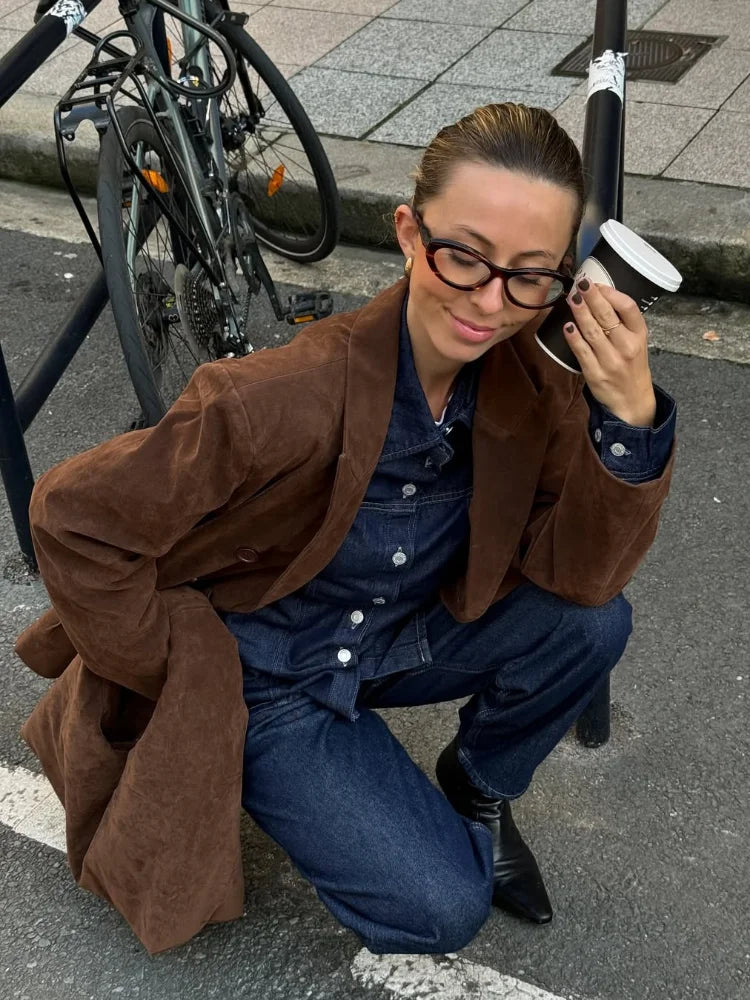 Damen-Mantel aus Wildleder, braun, modisch, einreihig, langärmelig, Reverskragen, Oberbekleidung, locker, elegant, Herbst 2025, Pendelmäntel