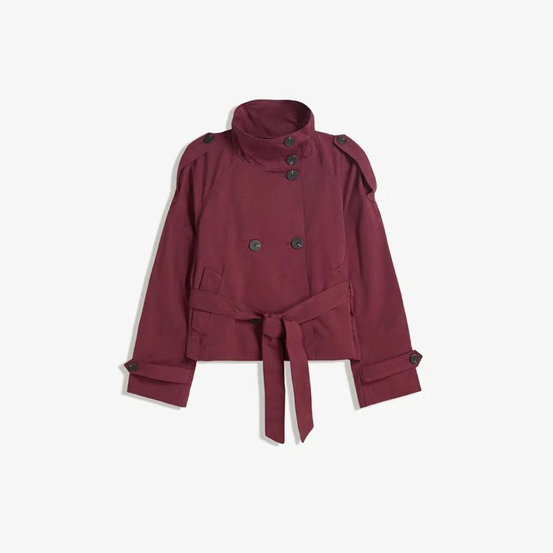 Mode Gürtel Kurzen Graben Mantel Frauen Stehen Kragen Zweireiher Tasche Langarm Mäntel 2025, Herbst Dame Pendeln Chic outwear