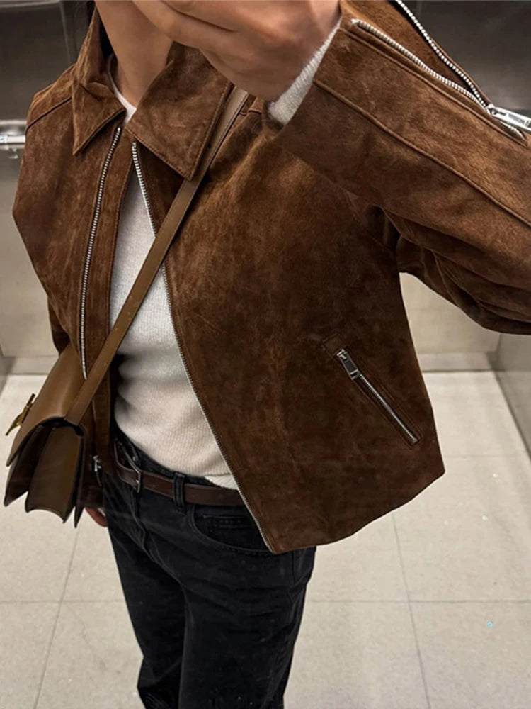 Solide Leder Frauen Mantel Volle Hülse Revers Dame Jacke 2025, Mode Alle Spiel Vintage Braun Wildleder Reißverschlüsse Weibliche Outwears